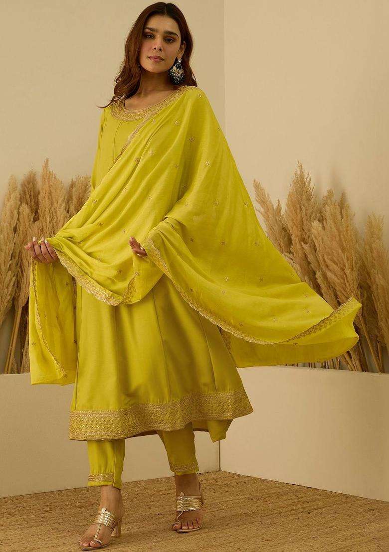 Lime Green Embroidered Silk Blend Kurta Set - Indya
