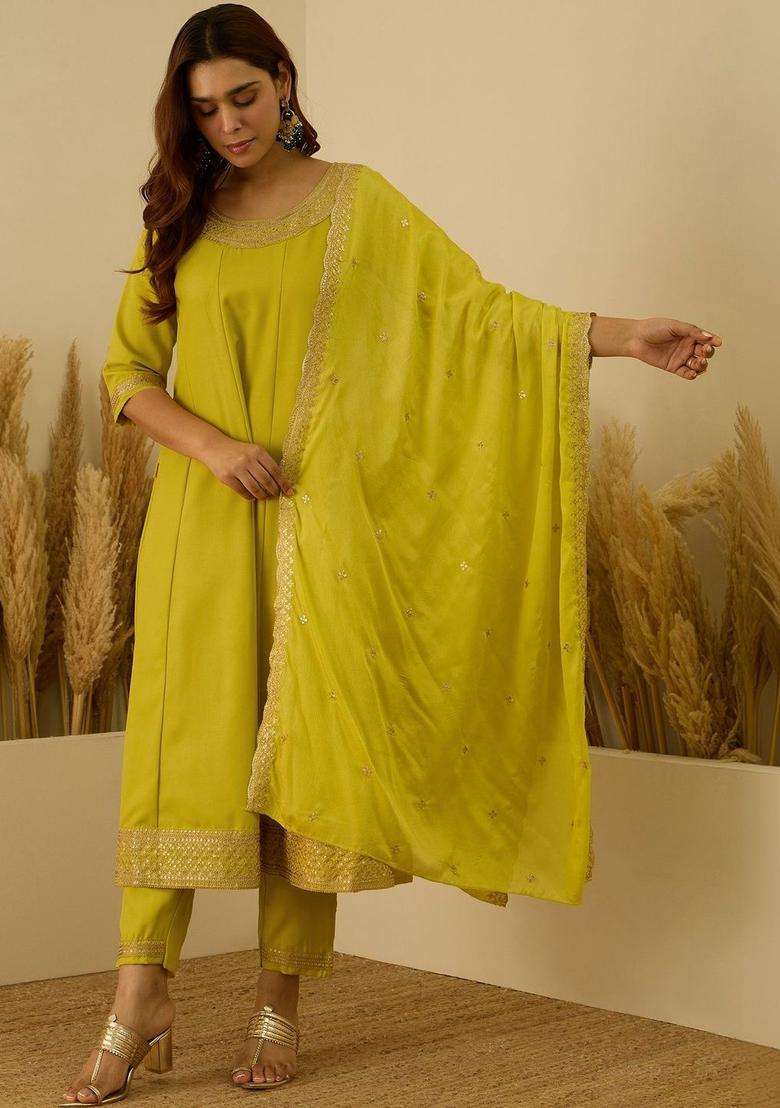 Lime Green Embroidered Silk Blend Kurta Set - Indya