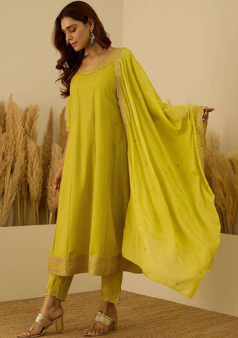 Lime Green Embroidered Silk Blend Kurta Set - Indya