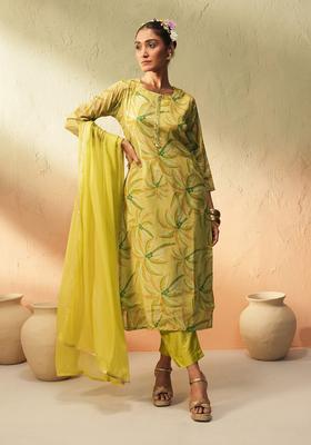 Lime Green Printed Chinon Kurta Set