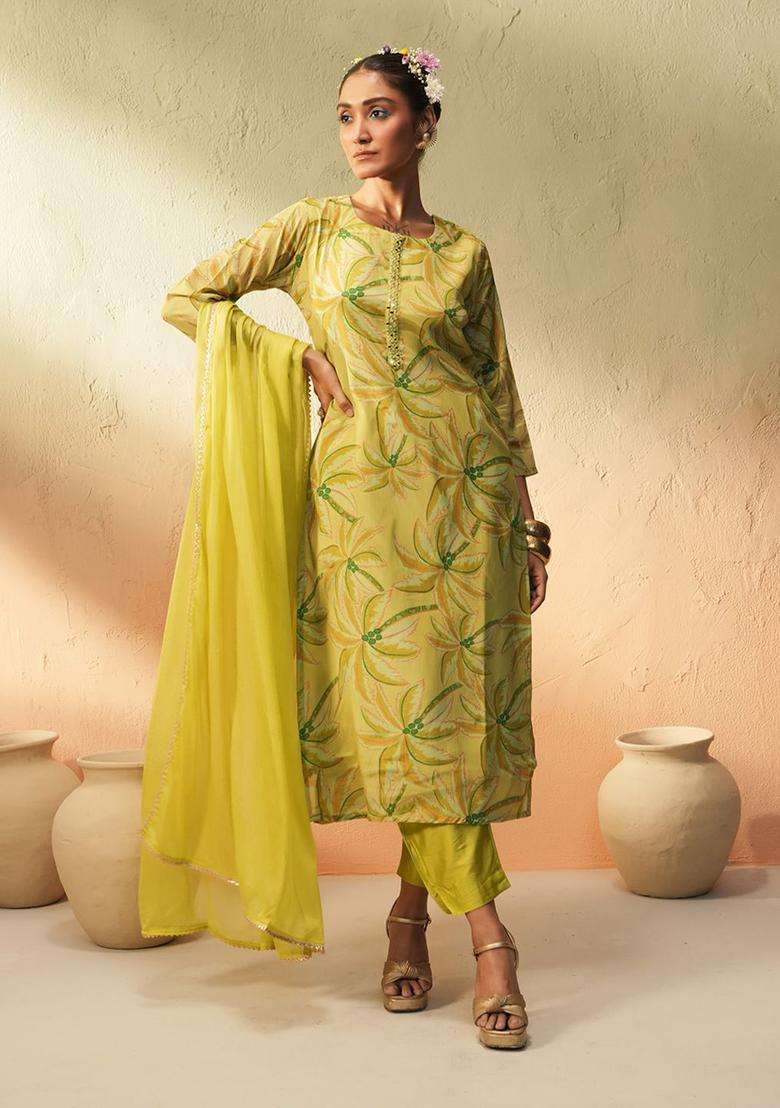 Lime Green Printed Chinon Kurta Set - Indya