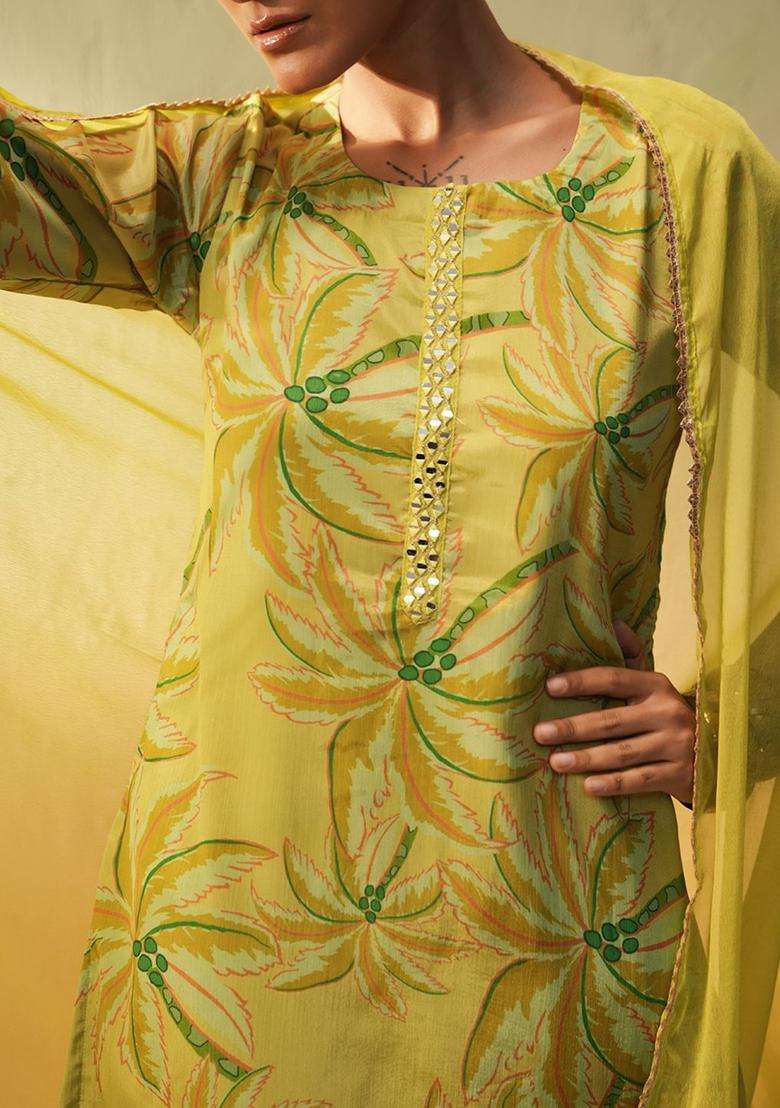 Lime Green Printed Chinon Kurta Set - Indya