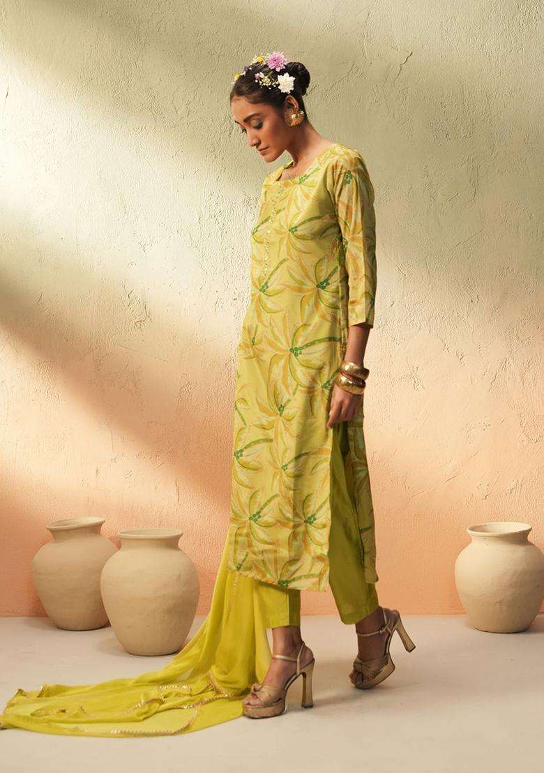 Lime Green Printed Chinon Kurta Set - Indya