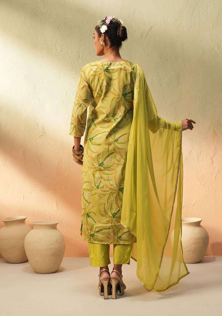 Lime Green Printed Chinon Kurta Set - Indya