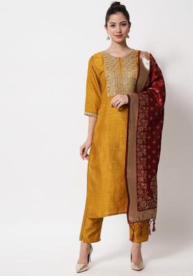 Mustard Embroidered Silk Kurta Set
