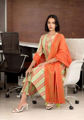 Green Striped Cotton Kurta Set