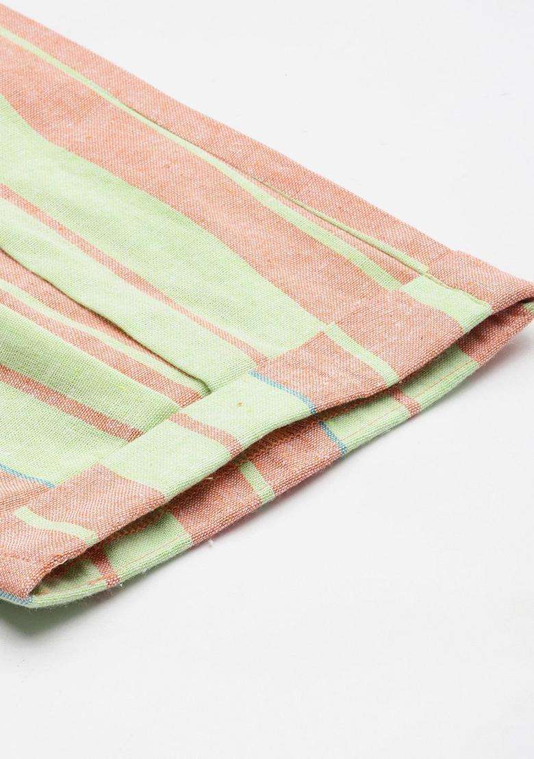 Green Striped Cotton Kurta Set - Indya