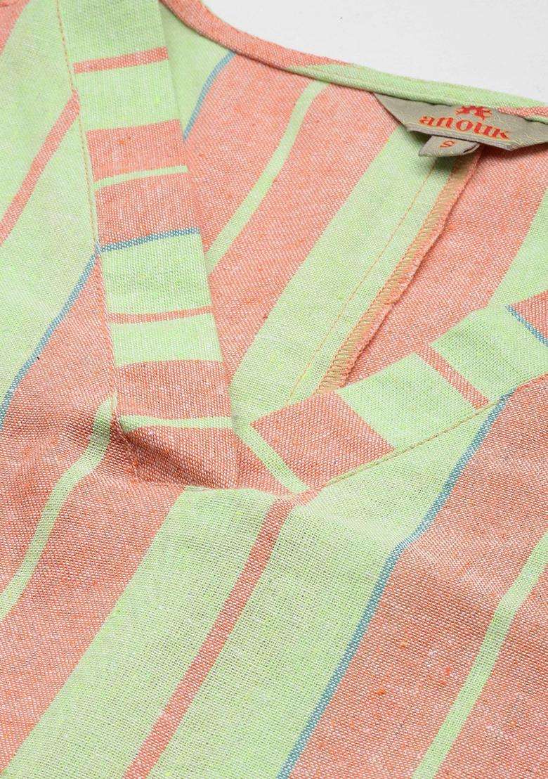 Green Striped Cotton Kurta Set - Indya