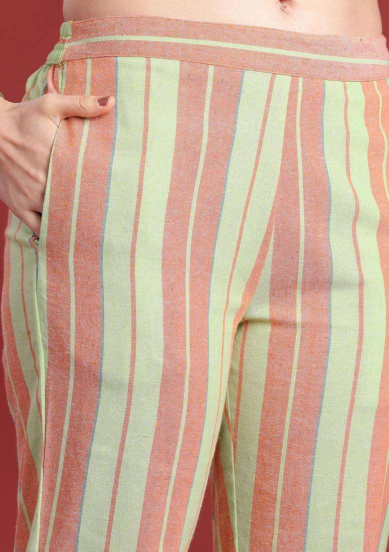 Green Striped Cotton Kurta Set - Indya