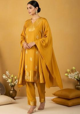 Mustard Printed Silk Blend Kurta Set