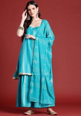 Turquoise Blue Printed Polyester Sharara Set