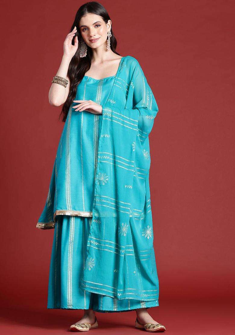 Turquoise Blue Printed Polyester Sharara Set - Indya
