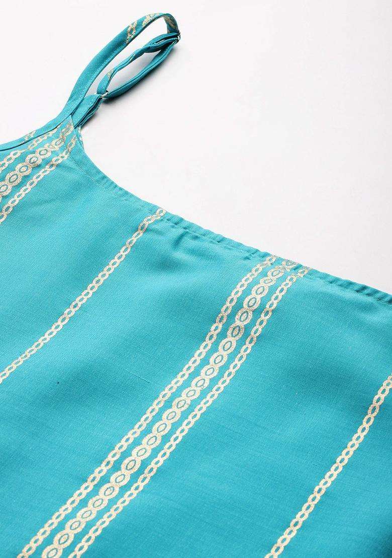 Turquoise Blue Printed Polyester Sharara Set - Indya
