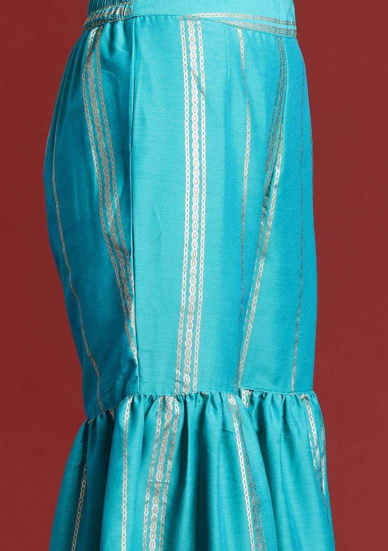 Turquoise Blue Printed Polyester Sharara Set - Indya