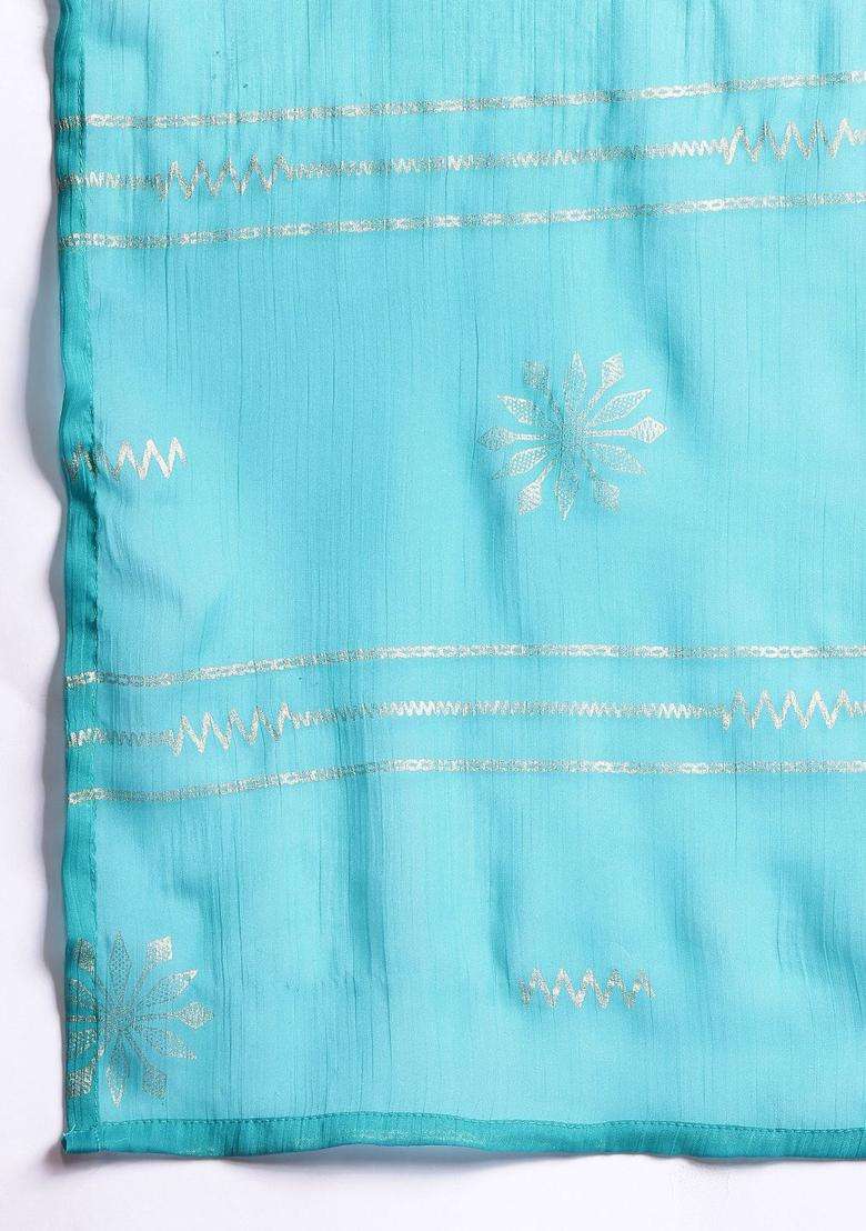 Turquoise Blue Printed Polyester Sharara Set - Indya