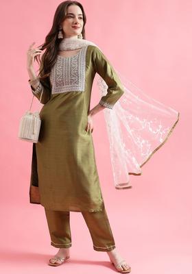 Green Yoke Design Silk Blend Kurta Set