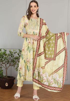 Yellow Printed Cotton Anarkali Set