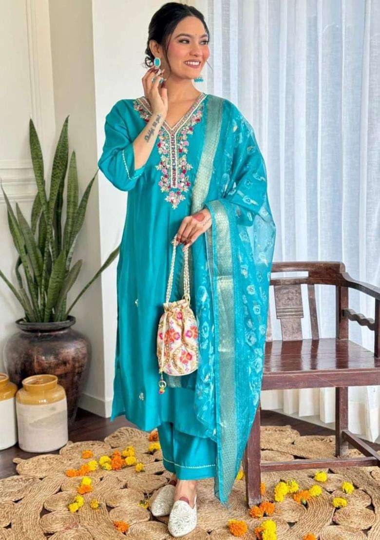 Turquoise Blue Embroidered Cotton Kurta Set - Indya