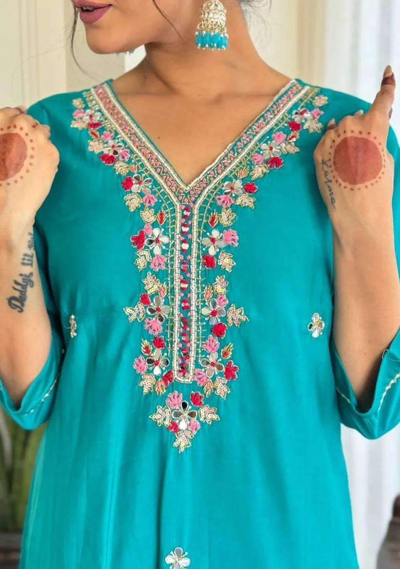 Turquoise Blue Embroidered Cotton Kurta Set - Indya