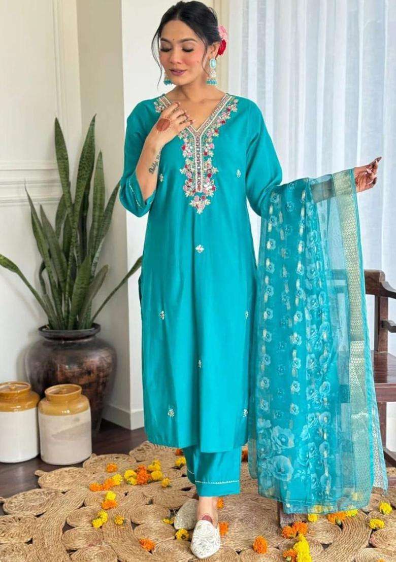 Turquoise Blue Embroidered Cotton Kurta Set - Indya