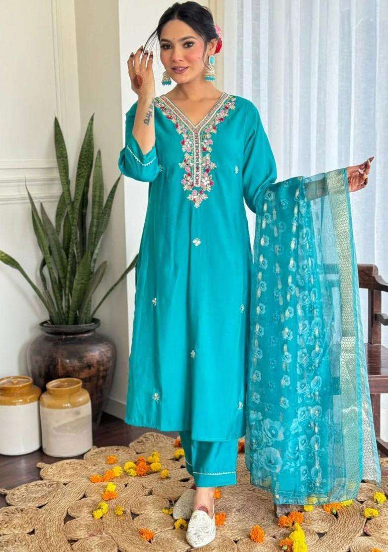 Turquoise Blue Embroidered Cotton Kurta Set - Indya