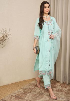 Sea Green Embroidered Silk Kurta Set