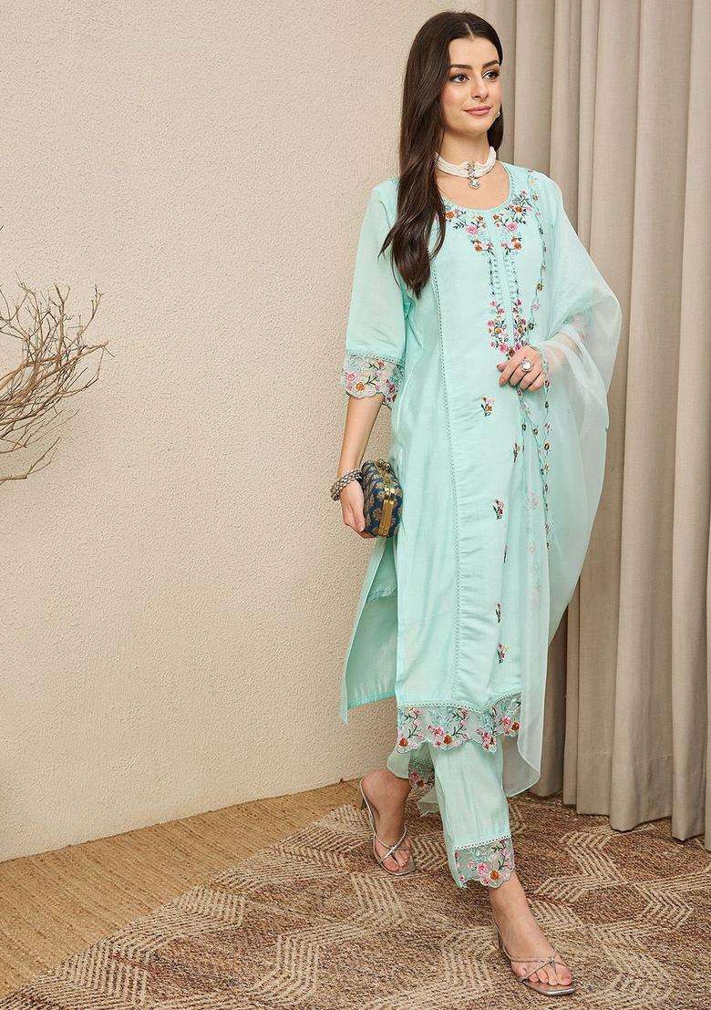 Sea Green Embroidered Silk Blend Kurta Set - Indya