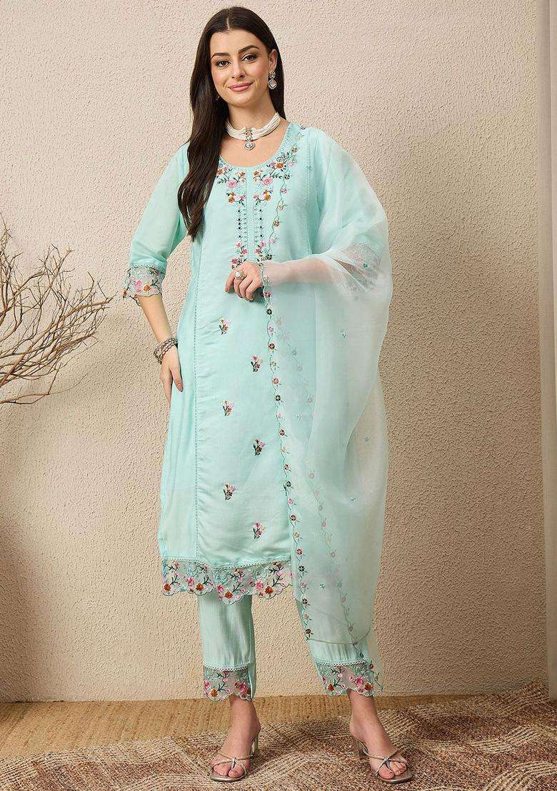 Sea Green Embroidered Silk Blend Kurta Set - Indya