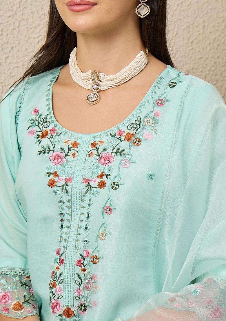 Sea Green Embroidered Silk Blend Kurta Set - Indya