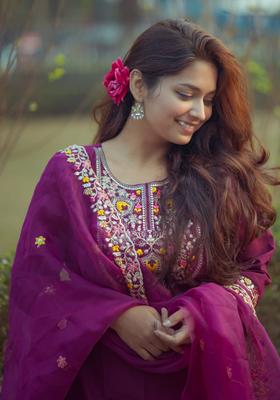 Purple Yoke Design Viscose Kurta Set
