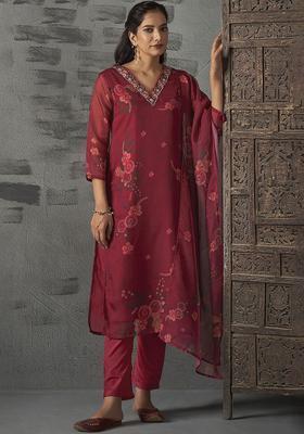 Red Printed Organza Kurta Set