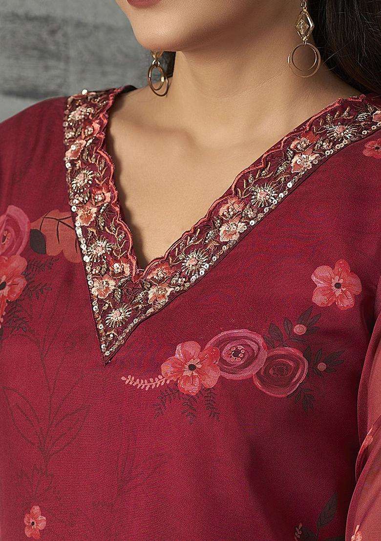 Red Printed Organza Kurta Set - Indya