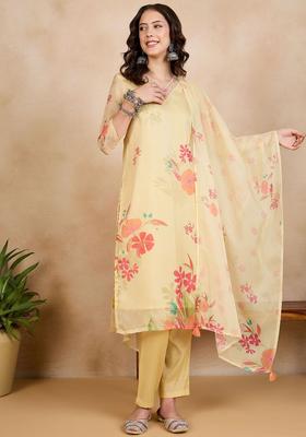 Yellow Printed Organza Kurta Set