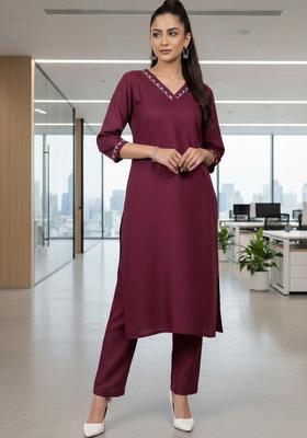 Maroon Solid Cotton Kurta Set
