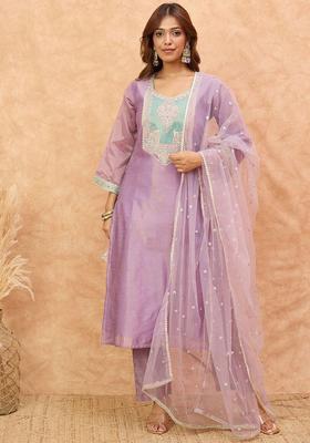 Lavender Yoke Design Silk Blend Kurta Set