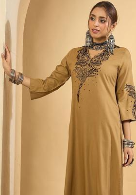 Brown Embroidered Viscose Kurta Set