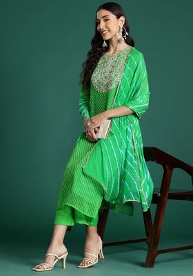 Green Printed Georgette Kurta Set