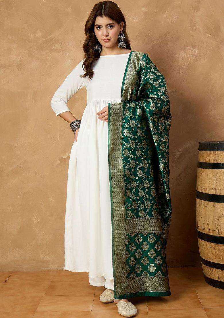 White Solid Viscose Anarkali Set - Indya
