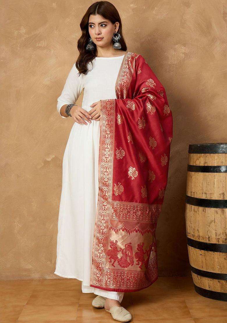 White Solid Viscose Anarkali Set - Indya