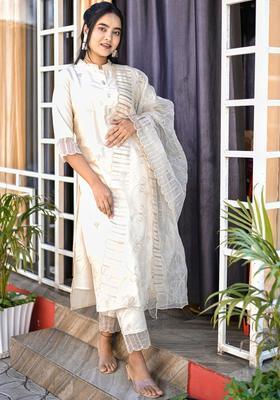 Beige Embroidered Silk Kurta Set