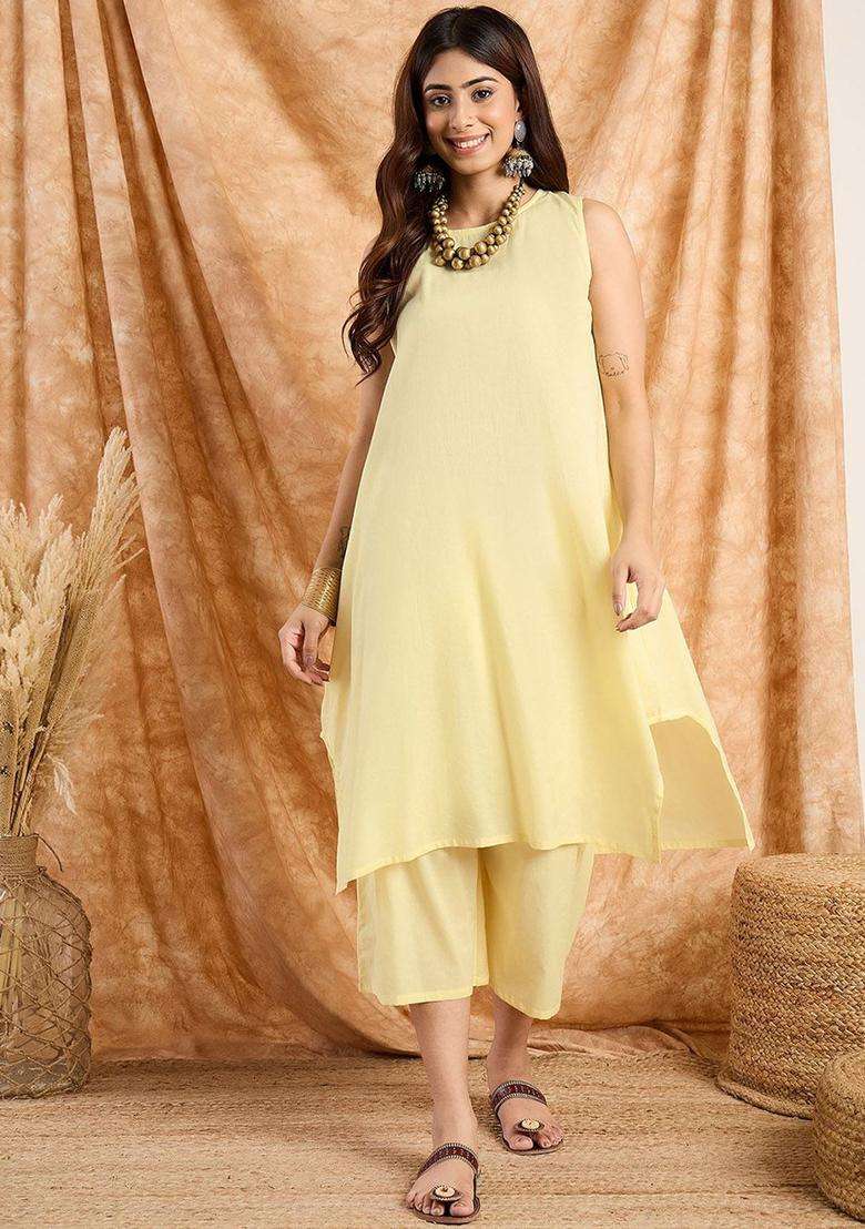 Yellow Solid Cotton Kurta Set - Indya
