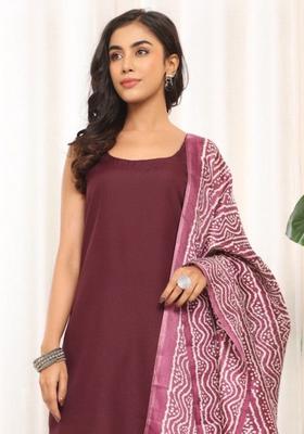 Maroon Solid Cotton Kurta Set