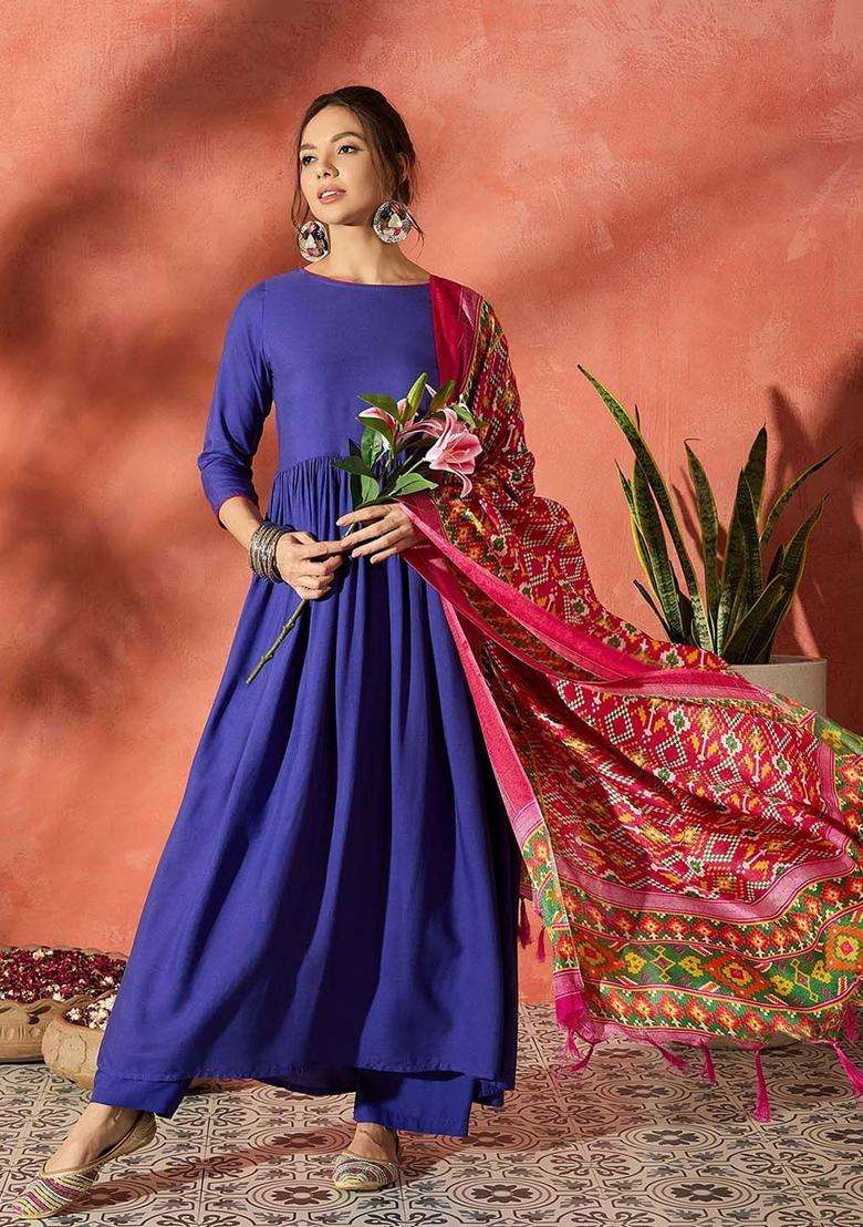 Blue Solid Viscose Anarkali Set - Indya