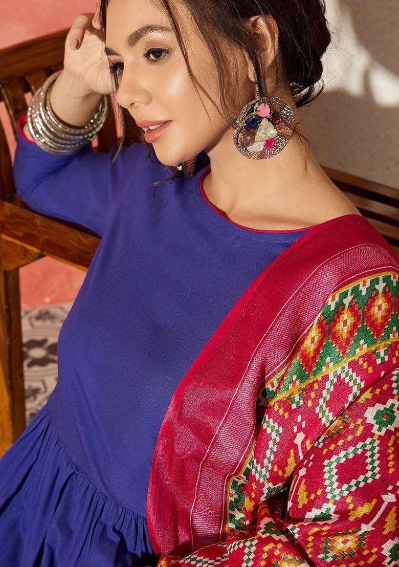 Blue Solid Viscose Anarkali Set - Indya