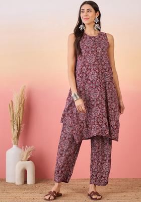 Maroon Printed Viscose Kurta Set