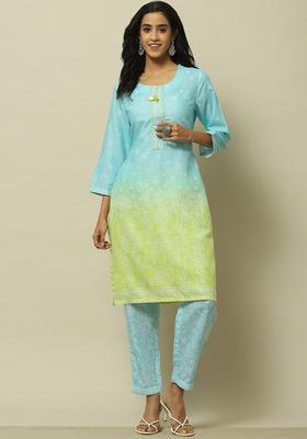 Blue Printed Polyester Kurta Set