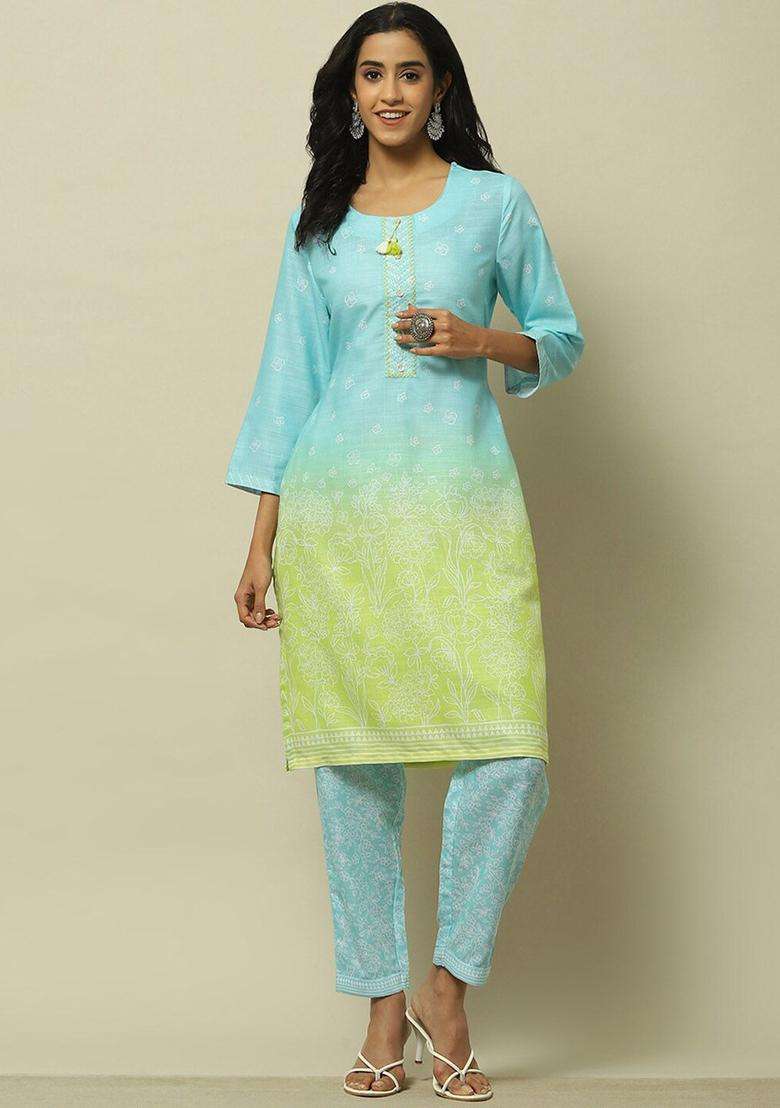 Blue Printed Polyester Kurta Set - Indya