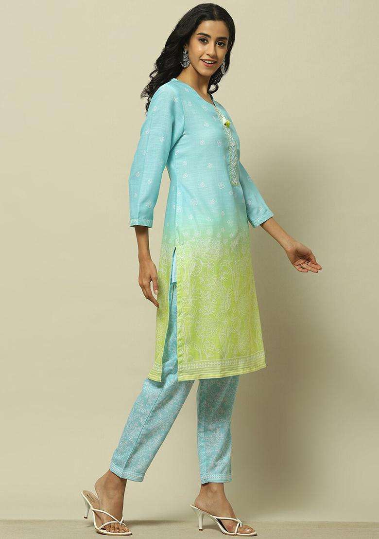 Blue Printed Polyester Kurta Set - Indya