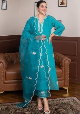 Teal Embroidered Viscose Kurta Set