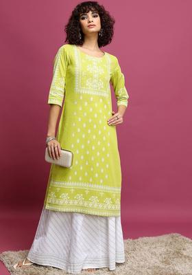 Lime Green Printed Cotton Kurta Set